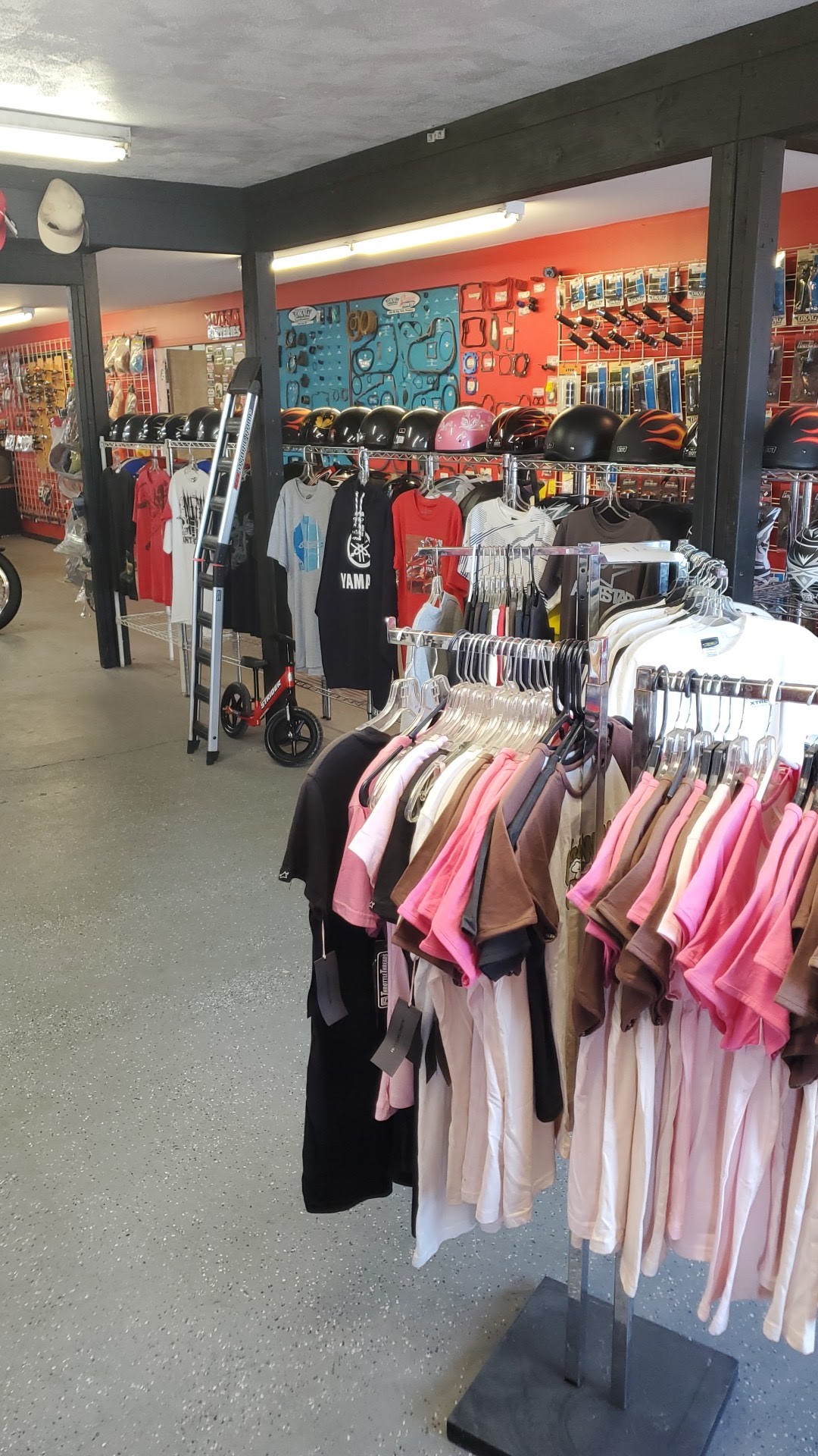 Inside the Canyon Country Cycle showroom with helmets and apparel