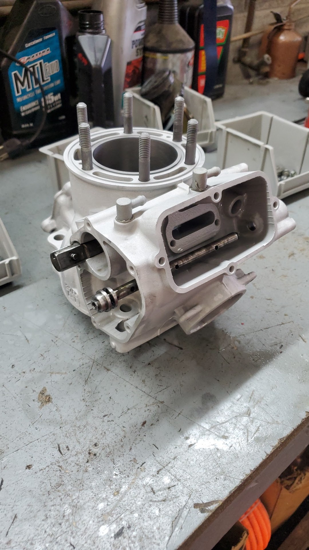 A rebuilt two-stroke cylinder on the workbench at Canyon Country Cycle